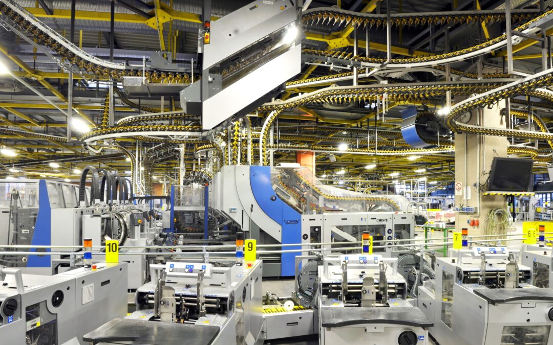 Highly automated manufacturing facility with intricate conveyor systems and advanced machinery optimizing industrial production efficiency.